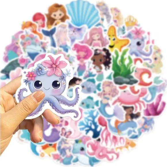 Cute Mermaid & Sea Friends 50 Stickers Fish Shells Pastel Pink, Blue, Purple - Picture 3 of 9